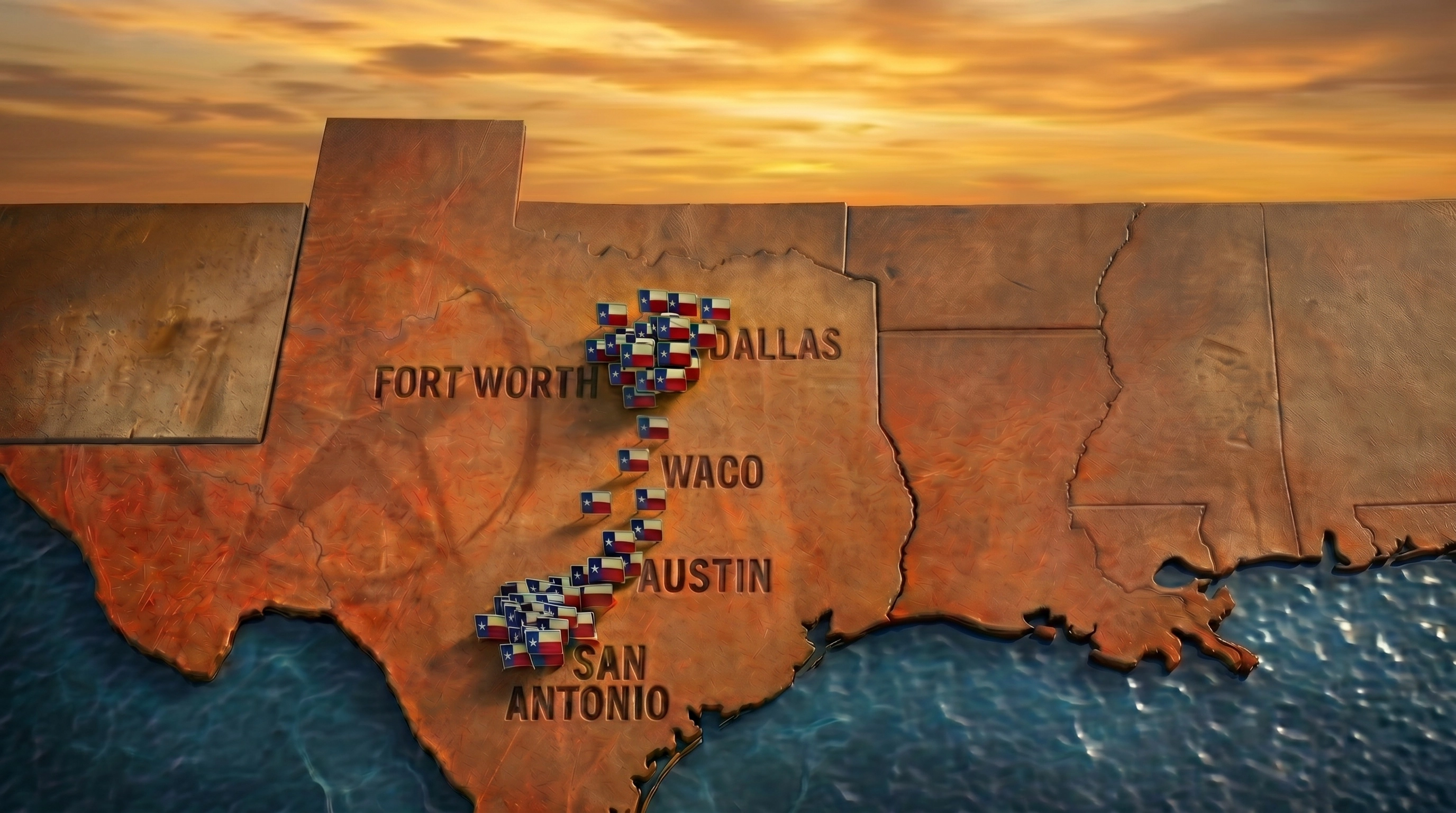 Map of Texas marking the G.L. Hunt foundation repair service areas: Dallas-Fort Worth, Waco, Austin, and San Antonio