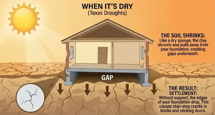 When it’s dry (Texas droughts): the soil shrinks and settlement can create gaps under the foundation.