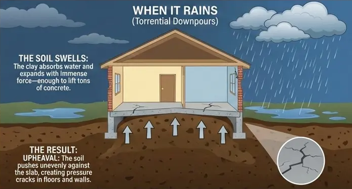 When it rains (torrential downpours): the soil swells and upheaval can push unevenly against the slab.