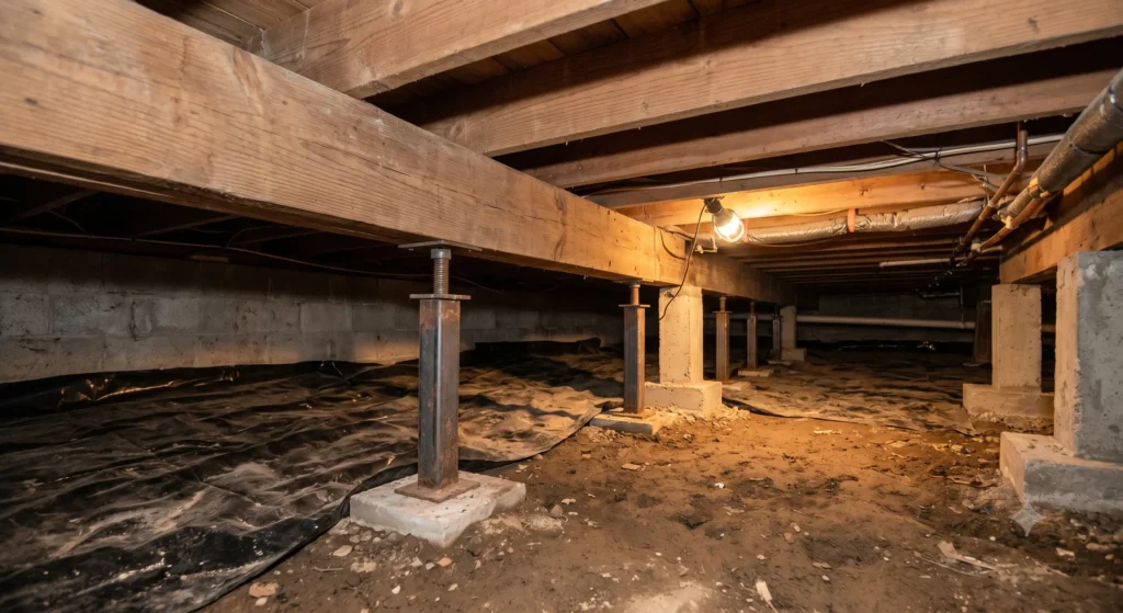 Crawl space beneath a Dallas home showing wood beams, joists, and steel support piers used in pier and beam foundation repair.