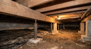 Crawl space beneath a Dallas home showing wood beams, joists, and steel support piers used in pier and beam foundation repair.