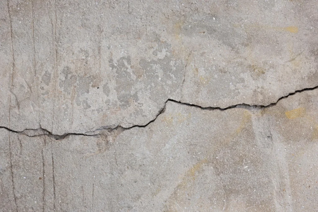 Close-up of a large structural crack running across a weathered concrete surface.