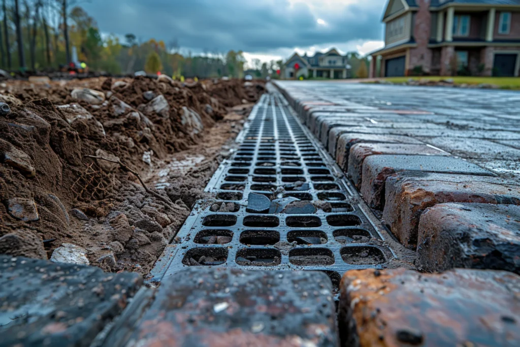 Drainage grate and trench installed near a Pflugerville, TX home to manage water runoff.