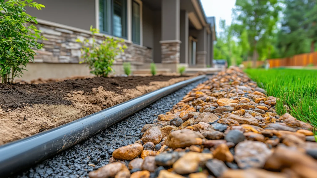 A perforated black pipe surrounded by gravel and crushed rock along a home's foundation - What is a french drain?
