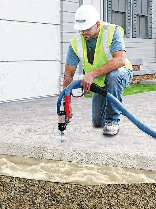 Construction worker using equipment to inject material beneath a concrete slab for foundation stabilization