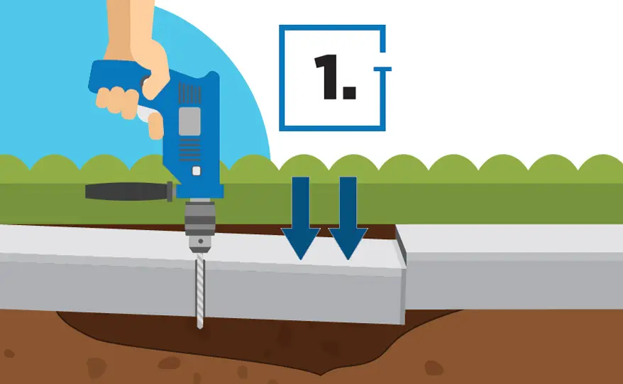 Illustration of a person using a drill to install foundation support, with step 1 indicated