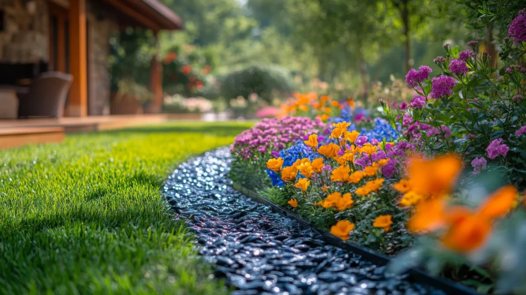 A yard french drain running alongside a flower garden - What is a french drain?