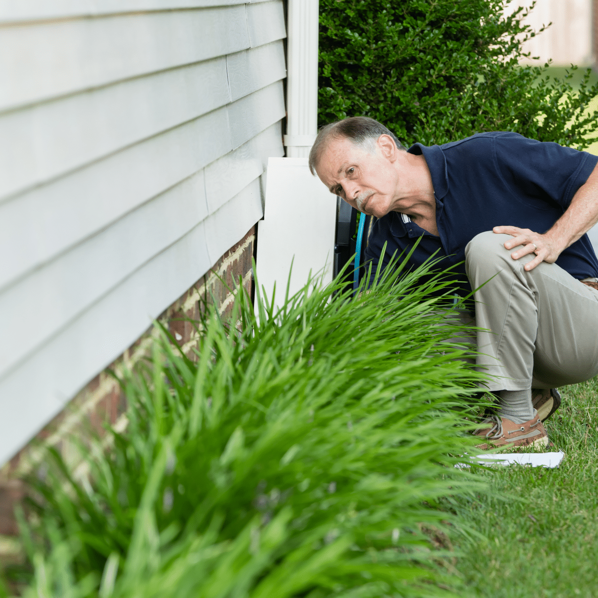 A man crouching near a house's exterior wall, carefully examining the area where the wall meets the ground, surrounded by green grass