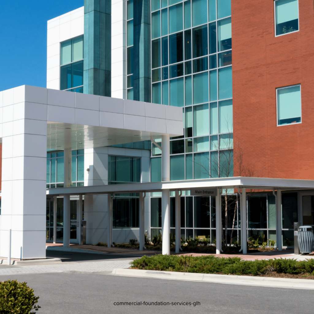 A sleek, contemporary healthcare or office building with a glass facade and white accents