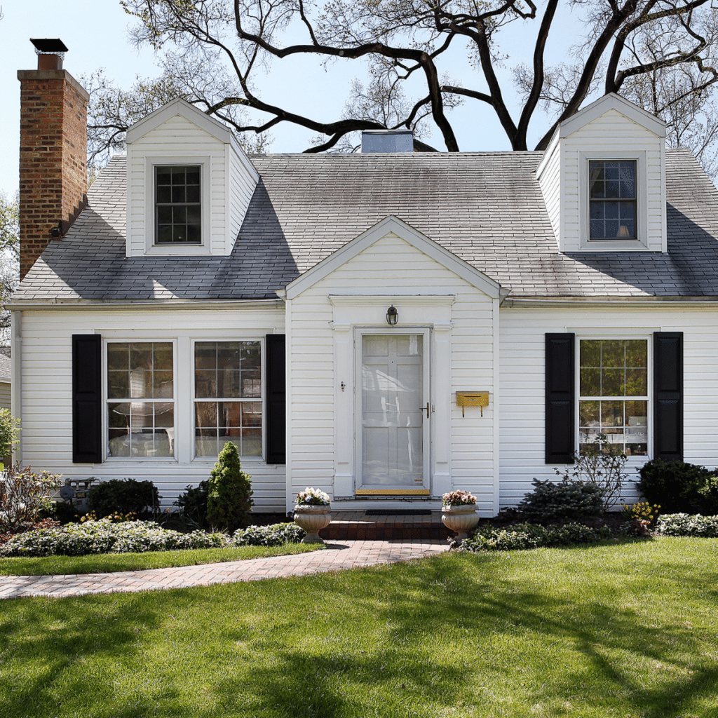 A charming white house with black shutters, a brick chimney, and a well-maintained front yard.