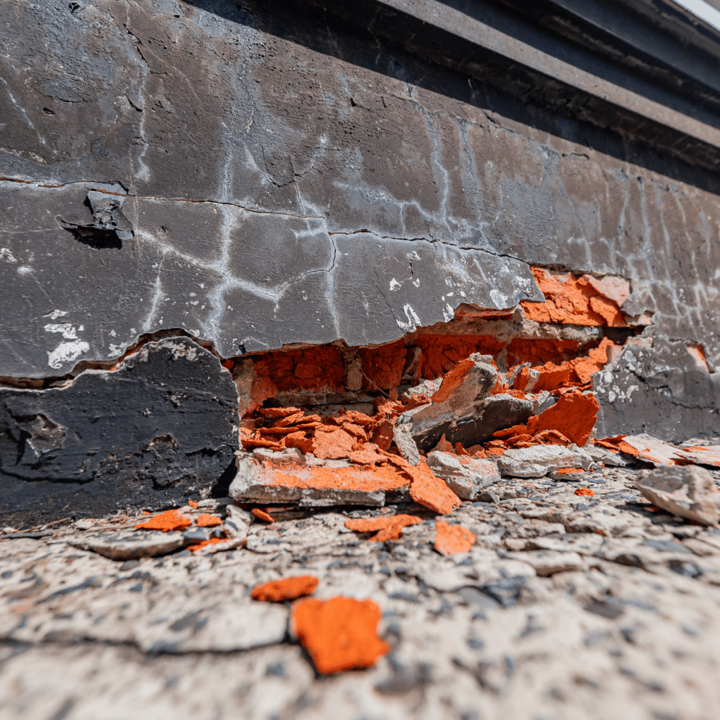 home that has settled and cracked concrete foundation into crumbles