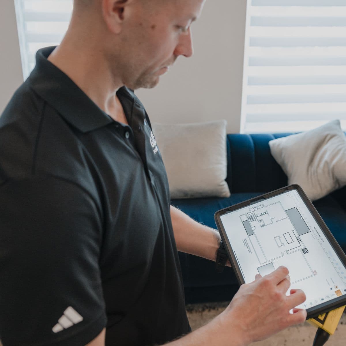 Technician reviewing a house plan on a tablet during an indoor consultation