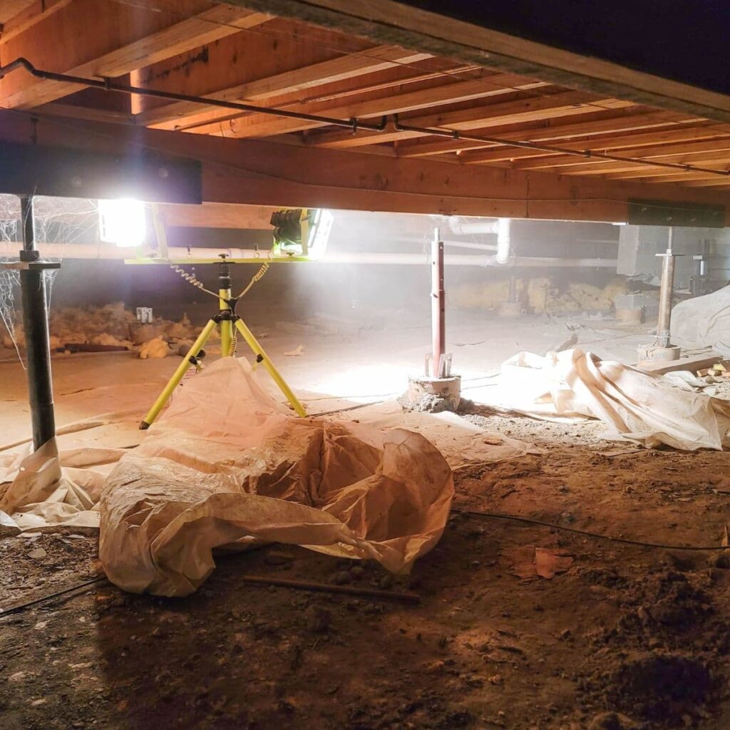 A dimly lit crawl space with exposed soil, scattered debris, and a work light set up for inspection