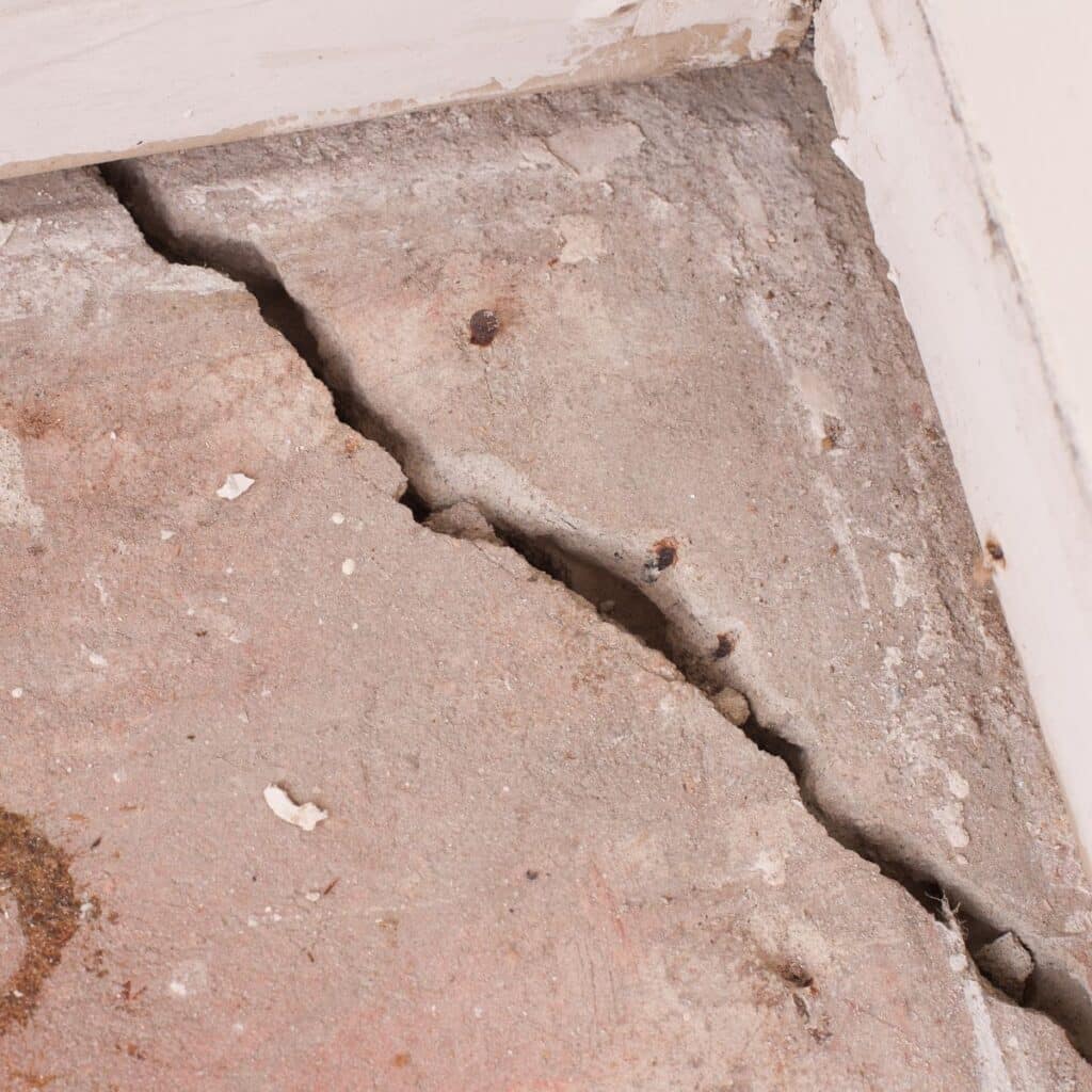 Large crack running through a concrete slab near a wall, showing signs of structural damage