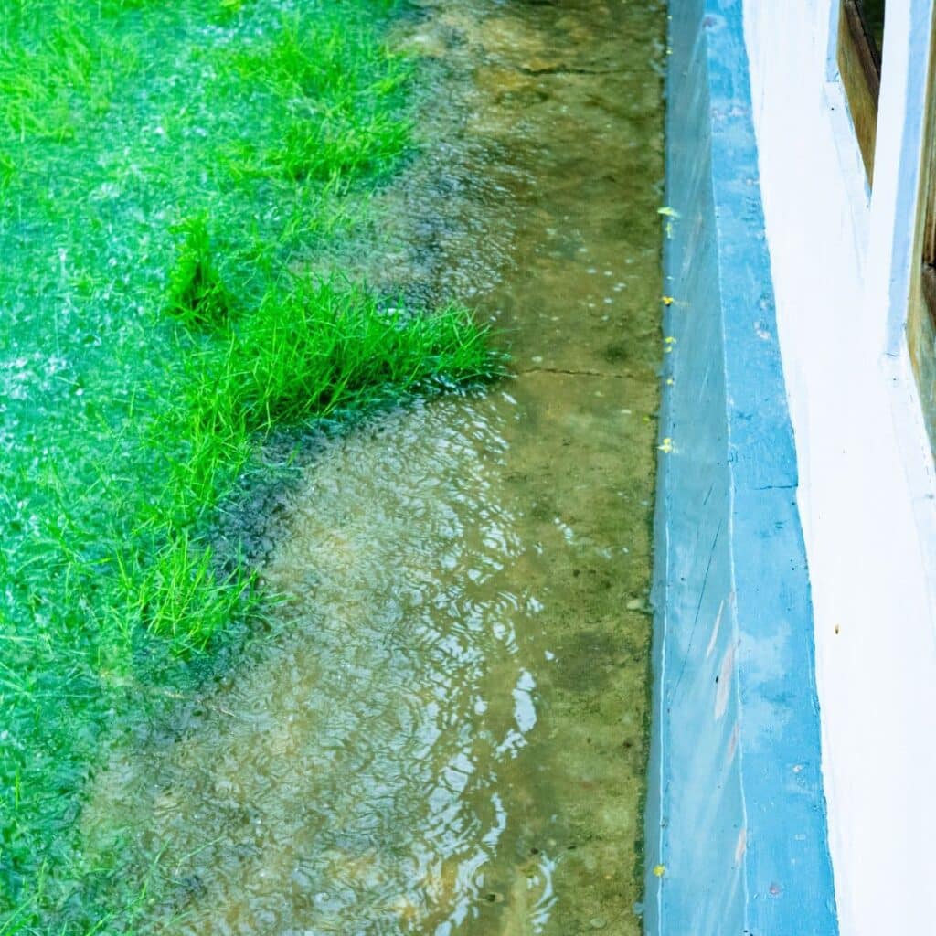 Water pooling along the side of a house, indicating potential foundation drainage issues