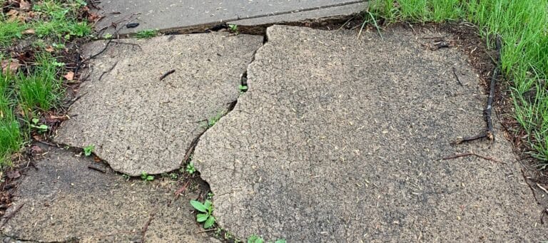Cracked and uneven concrete sidewalk with grass growing through the gaps