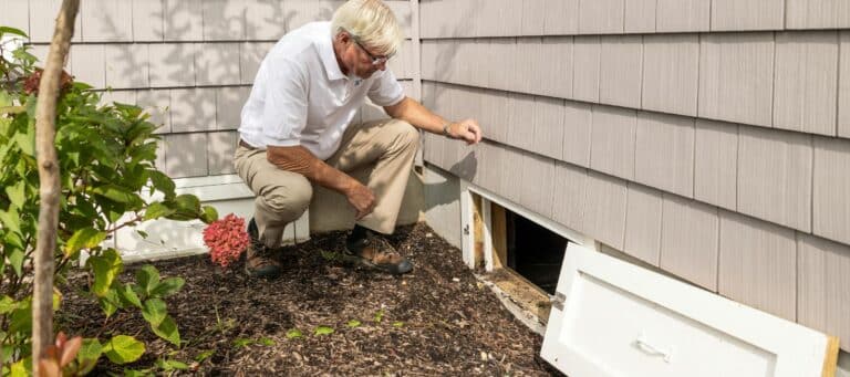 Man inspecting an open crawl space access on the side of a house