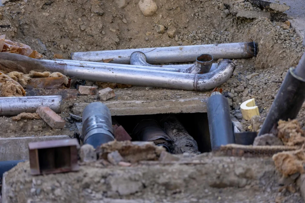 Excavated underground plumbing pipes surrounded by loose soil and debris, showing the type of damage caused by foundation movement.