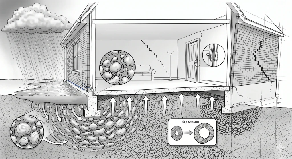 Illustrated cross-section of a Fort Worth home showing expansive clay soil swelling upward during rain and shrinking during dry season.