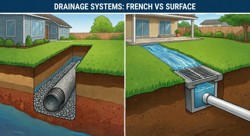 Side-by-side illustration showing how a french drain and a surface drain work.