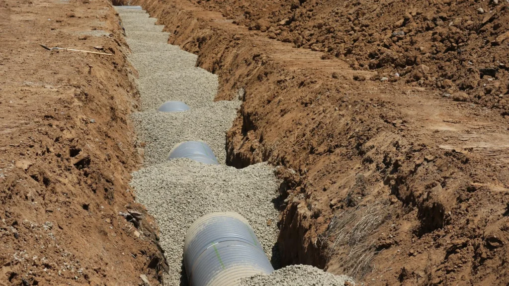An open trench during a french drain installation, showing a perforated pipe surrounded by a gravel bed.