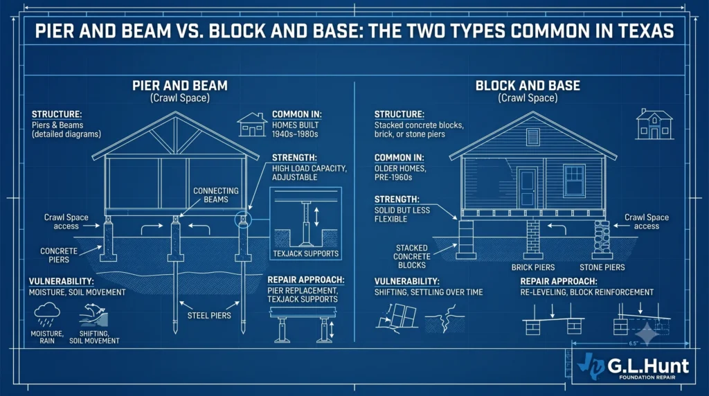 Infographic comparing pier and beam vs. block and base crawl space foundations in Texas homes, branded by G.L. Hunt Foundation Repair.