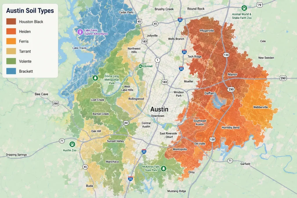 Map of Austin, TX, showing local soil types, including Houston Black, Heiden, Ferris, Tarrant, Volente, and Brackett soils.