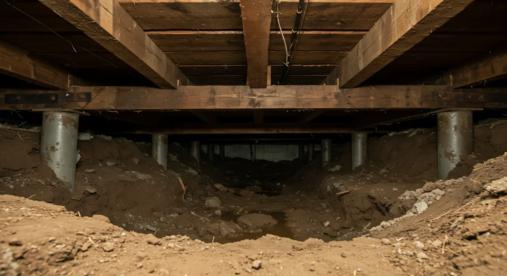 Crawl space with exposed wooden floor joists, support piers, and bare soil showing conditions where excess humidity and moisture can develop.