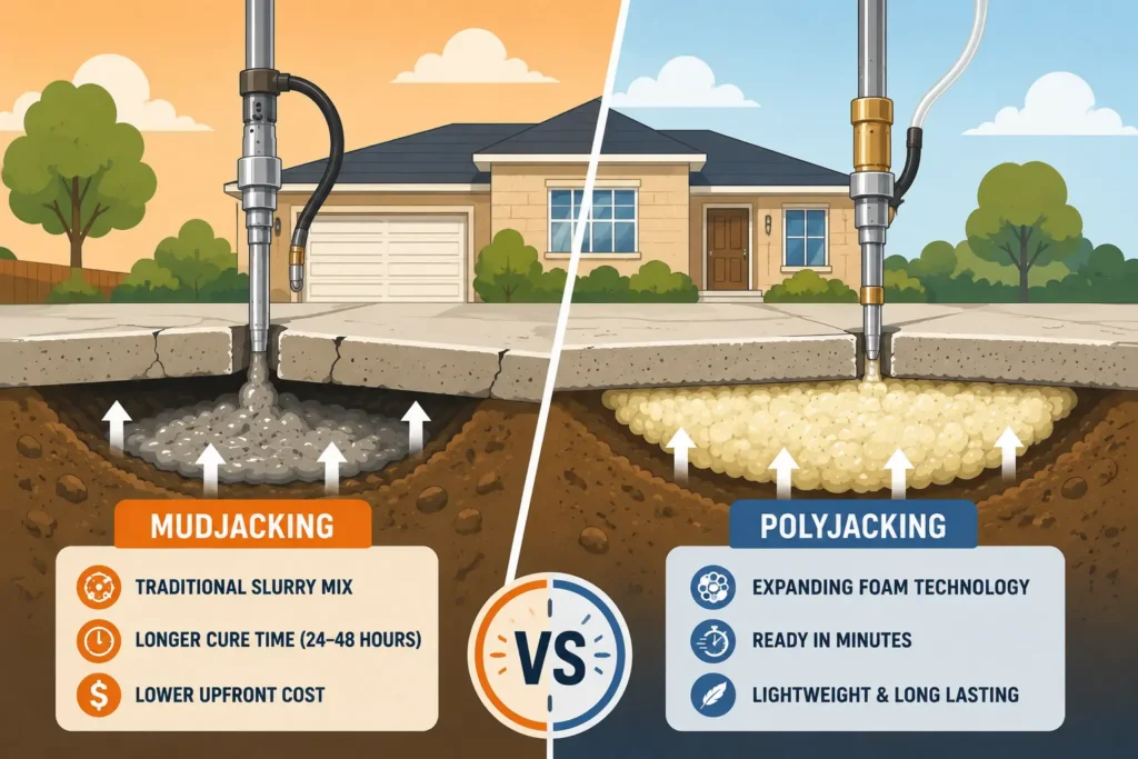 Illustration comparing mudjacking and polyjacking methods for lifting and leveling a sunken concrete slab.