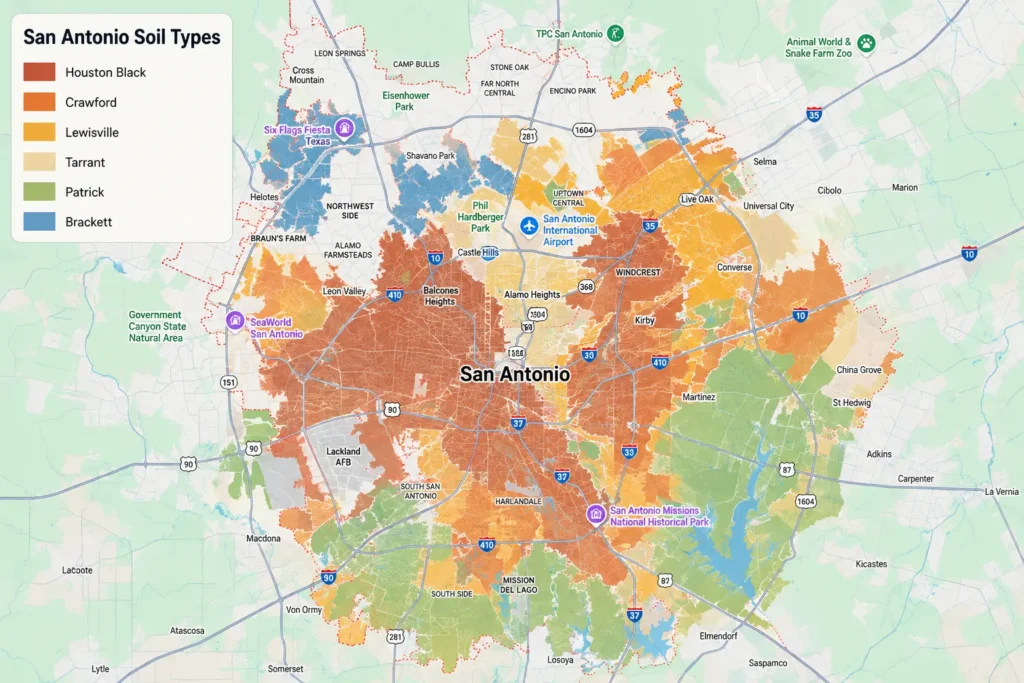 Map of San Antonio, TX, showing local soil types, including Houston Black, Crawford, Lewisville, Tarrant, Patrick, and Brackett soils.