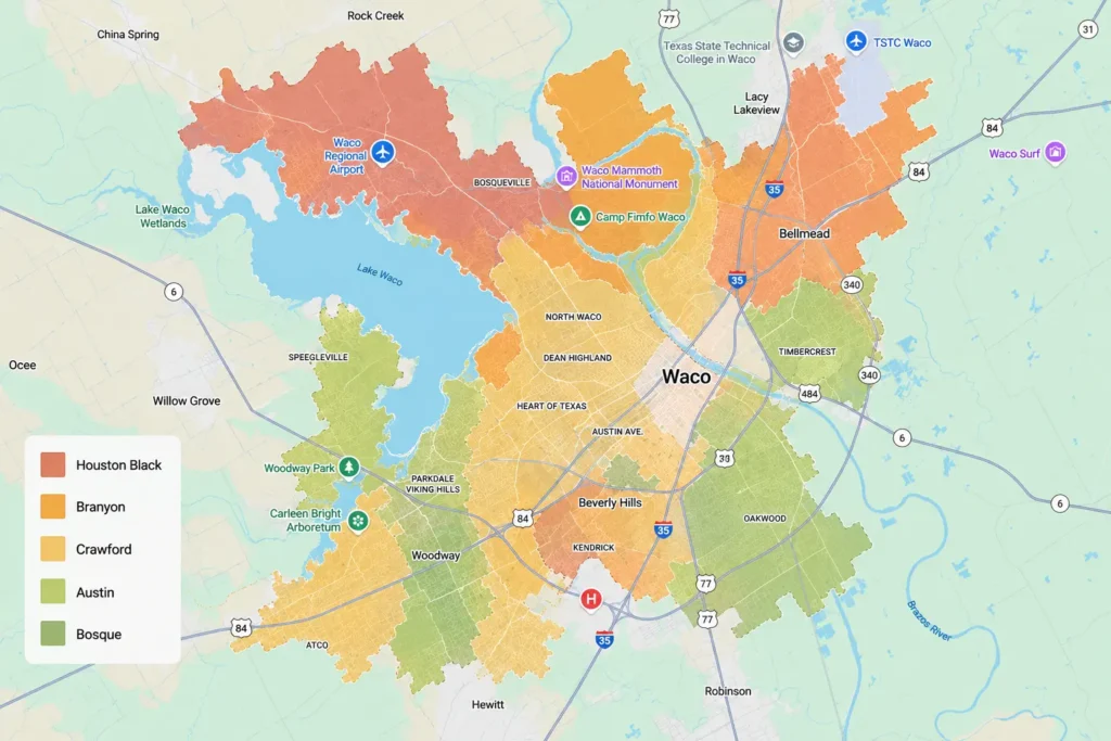 Map of Waco, TX, showing local soil types, including Houston Black, Branyon, Crawford, Austin, and Bosque soils.