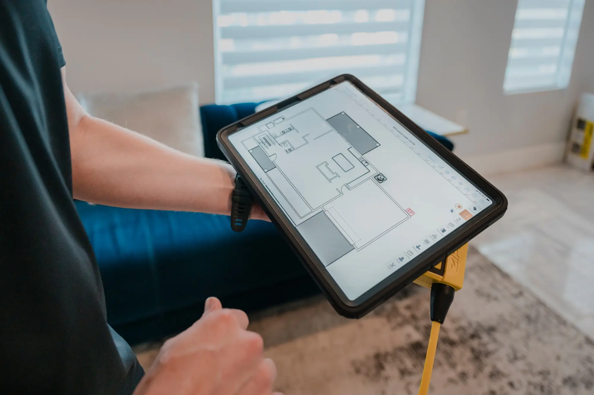 A G.L. Hunt inspector recording elevation readings on a tablet floor plan during a free inspection