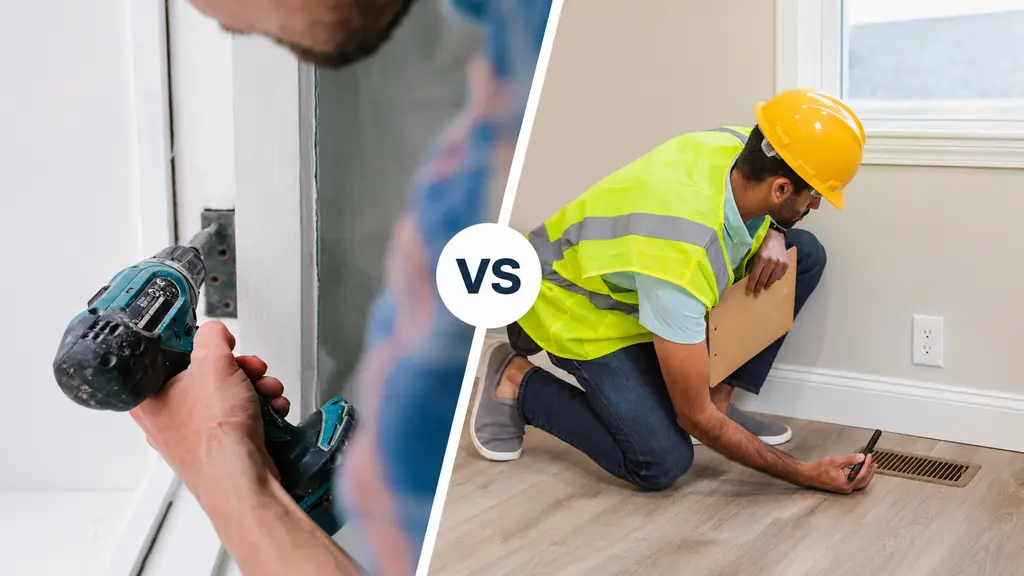 Side-by-side comparison of a DIY home repair using a power drill and a professional home inspector examining a floor vent, illustrating DIY vs. professional repairs.