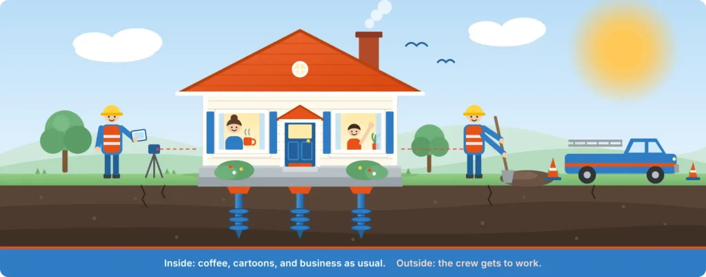 Illustration of a family staying home during foundation repair while crew members work outside the house 